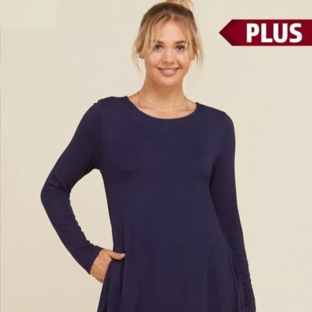 Annabelle Women's 2X Long Sleeve A-line Midi Swing Flowy Dresses Pockets Blue